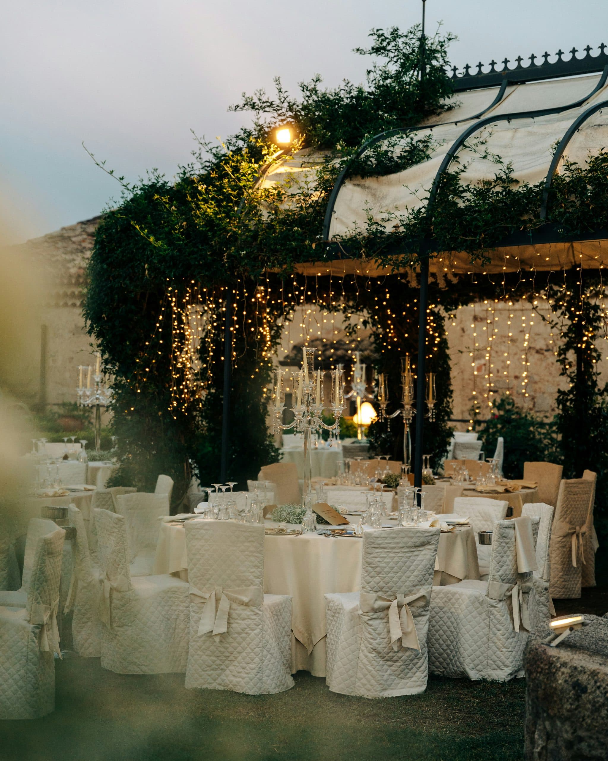 A fairy-lit wedding reception